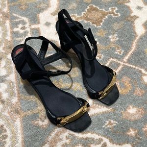 Celine black sude sandals with gold chain detail